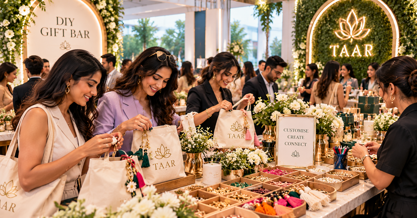 Guests personalising premium gifts at a colourful luxury brand activation
