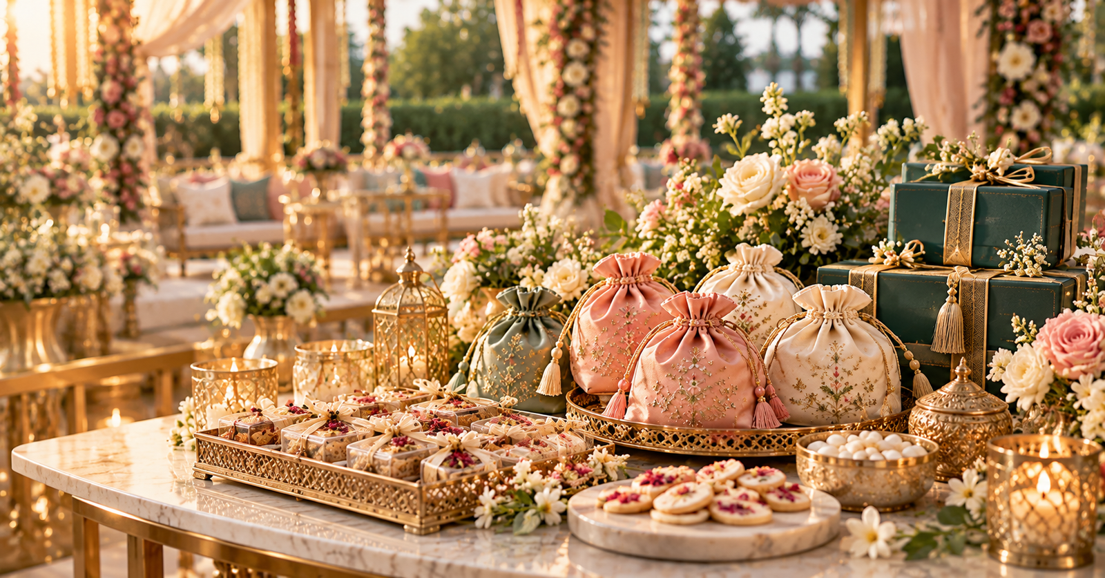 Wedding guests creating personalised perfume and charm keepsakes at a luxury event bar