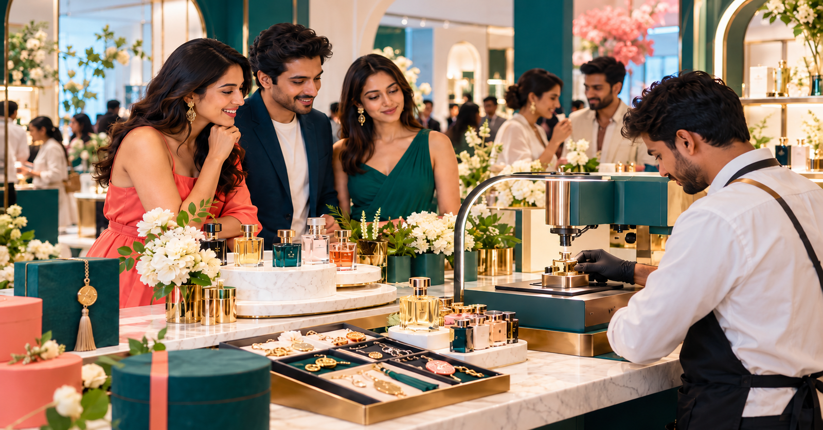 Customers watching live perfume bottle personalisation in a premium retail activation